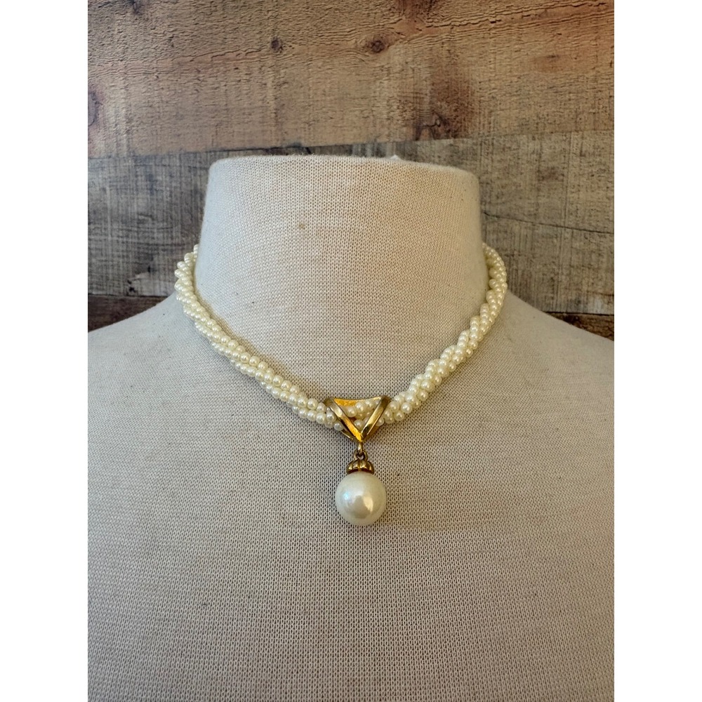 Trifari Vintage Triple Strand Faux Pearl Rhinestone Triangle Drop Necklace Gold